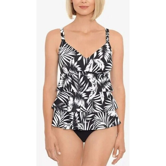 Swim Solutions Feather Bloom Black White Triple Tier One Piece Swimsuit Sz 8 - Picture 1 of 12